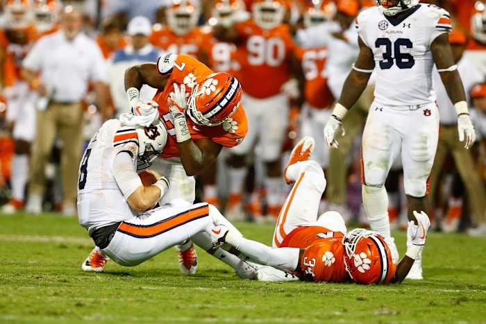 Sep 9, 2017; Clemson, SC, USA; Clemson Tigers defensive end Austin Bryant (7) sacks Auburn Tigers quarterback Jarrett Stidham (8) in the third quarter at Clemson Memorial Stadium. Mandatory Credit: Jeremy Brevard-USA TODAY Sports